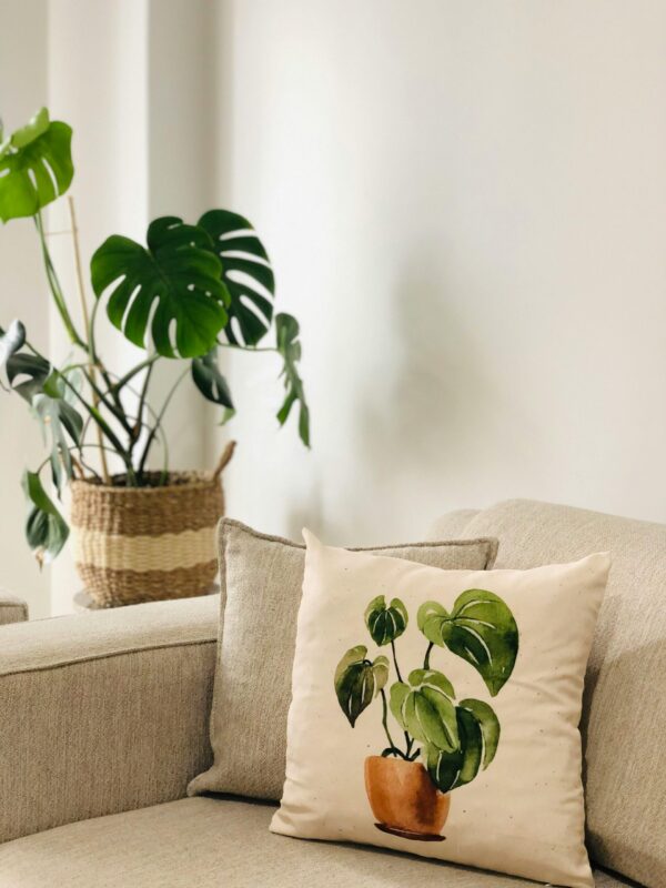 Cozy modern living room with monstera plant themed decor and woven basket